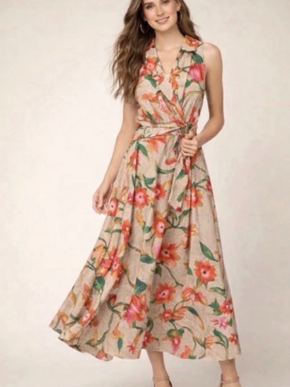 Floral Wrap Maxi Dress in Beige and Coral